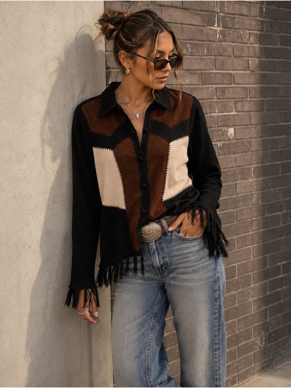 Canyon Road Western Boho Y2K Faux Suede Fringe Crochet Color Block Shirt M